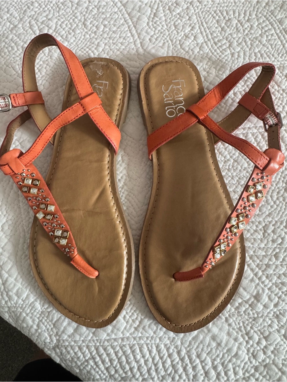 Franco Sarto Coral Orange Jeweled T-Strap Sling Sandals